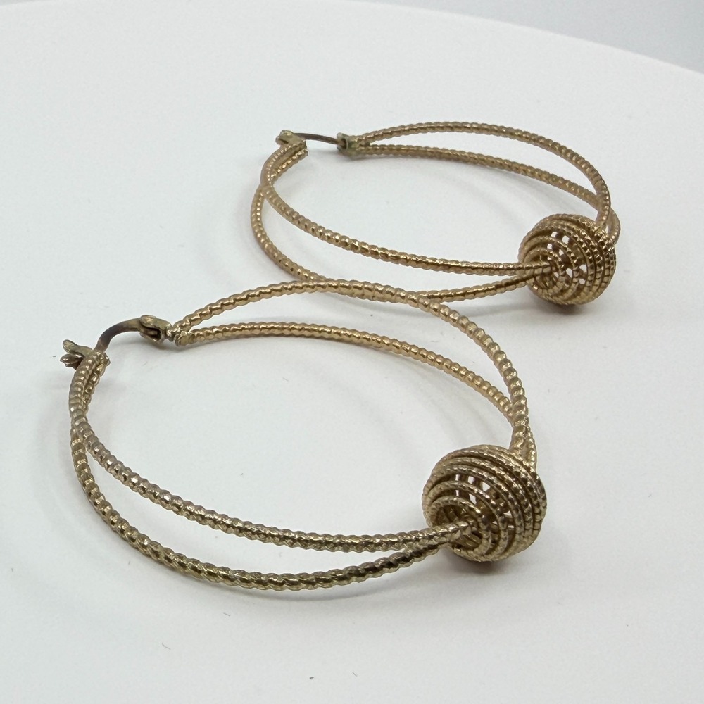 Vintage Gold Tone Textured Double Strand Hoop Earrings Textured Slid Ball Boho